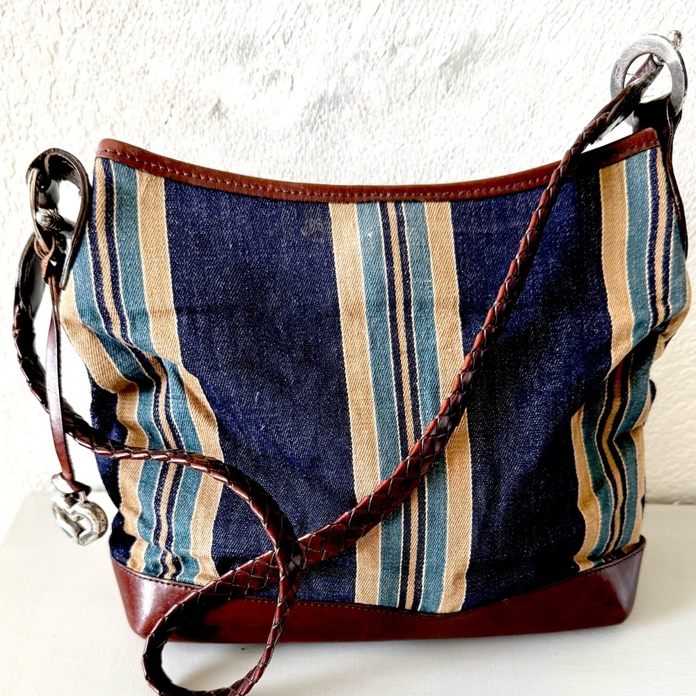 Brighton Navy and Tan Striped denim leather shoulder bag.